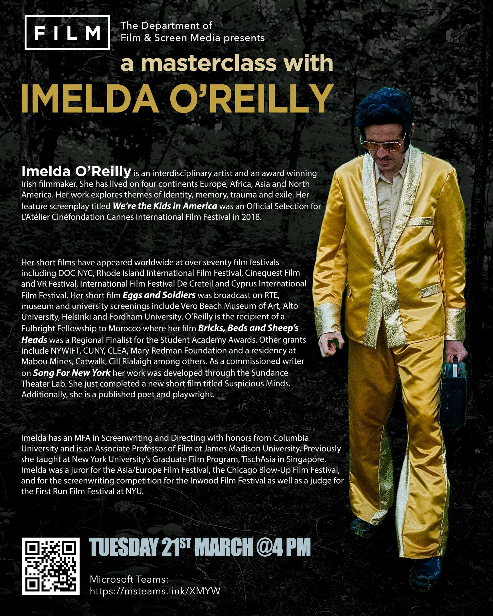 Film and Screen Media presents a Masterclass with Imelda O’Reilly - Tues 21st March @4pm online.
